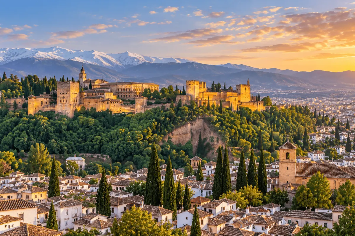 La Alhambra de Granada al atardecer, con Sierra Nevada al fondo