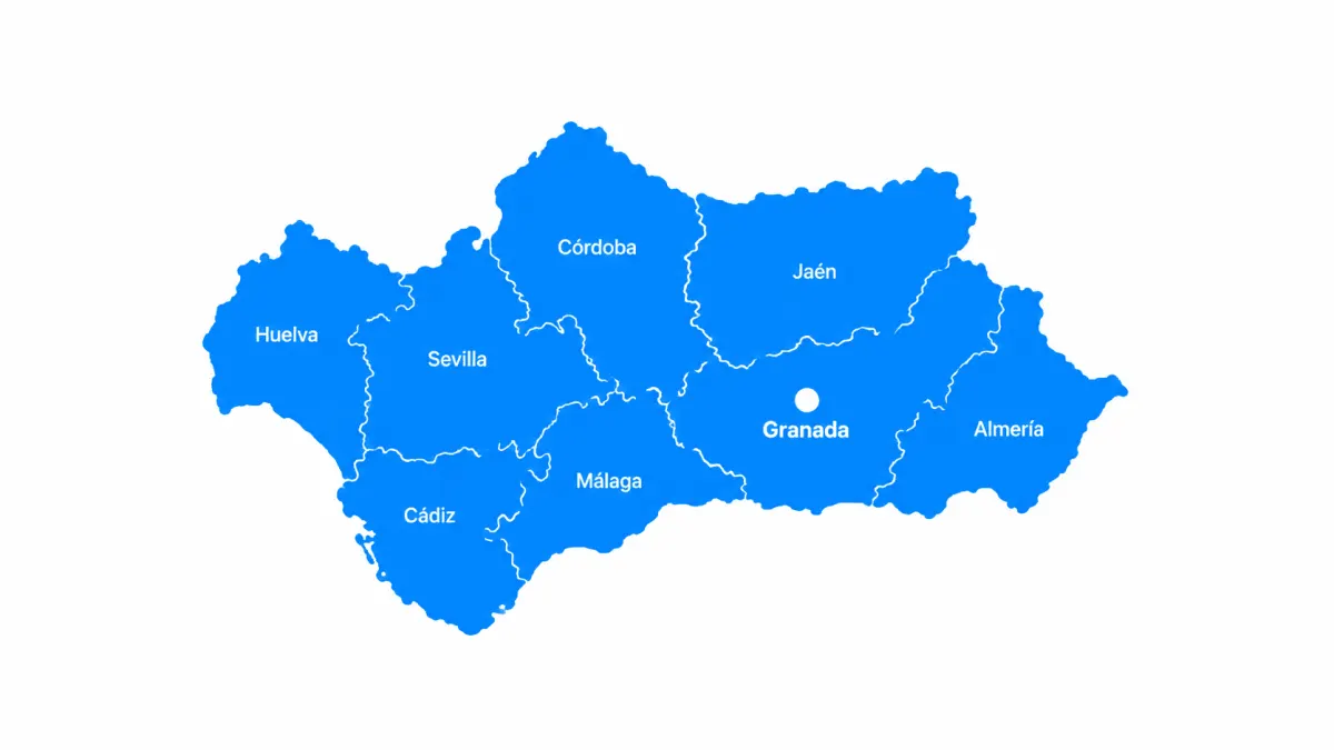 Mapa de Andalucía con sus ocho provincias y Granada señalada