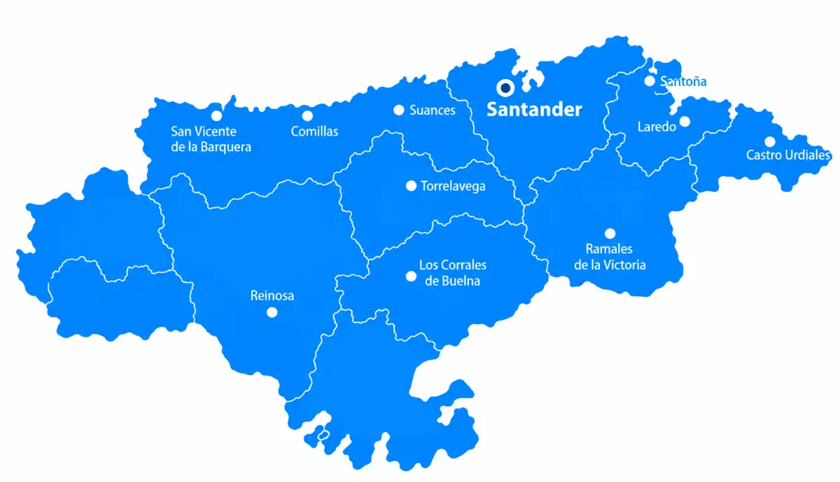 Mapa de Cantabria con sus comarcas y sus principales localidades, con Santander señalada