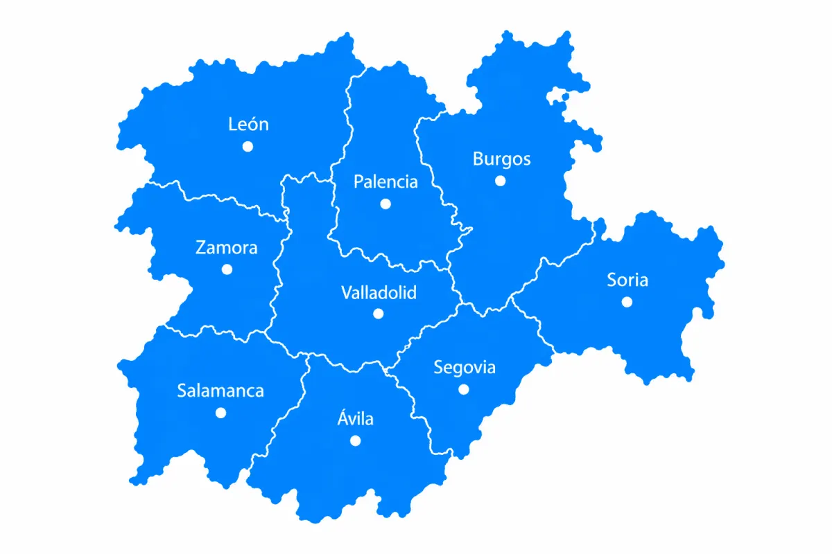 Mapa de Castilla y León con sus nueve provincias
