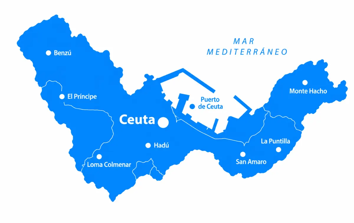 Mapa de Ceuta con sus principales barriadas, el puerto y el monte Hacho