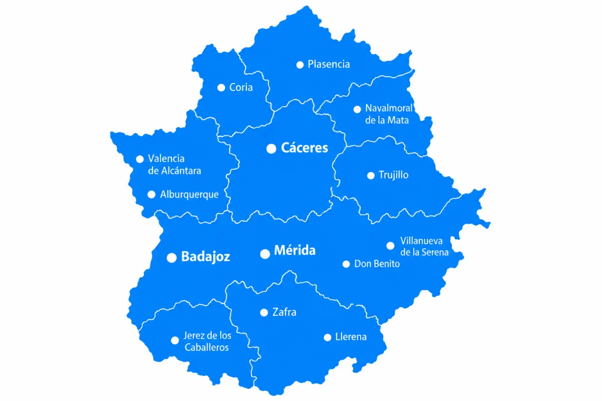 Mapa de Extremadura con sus dos provincias, sus comarcas y sus principales localidades