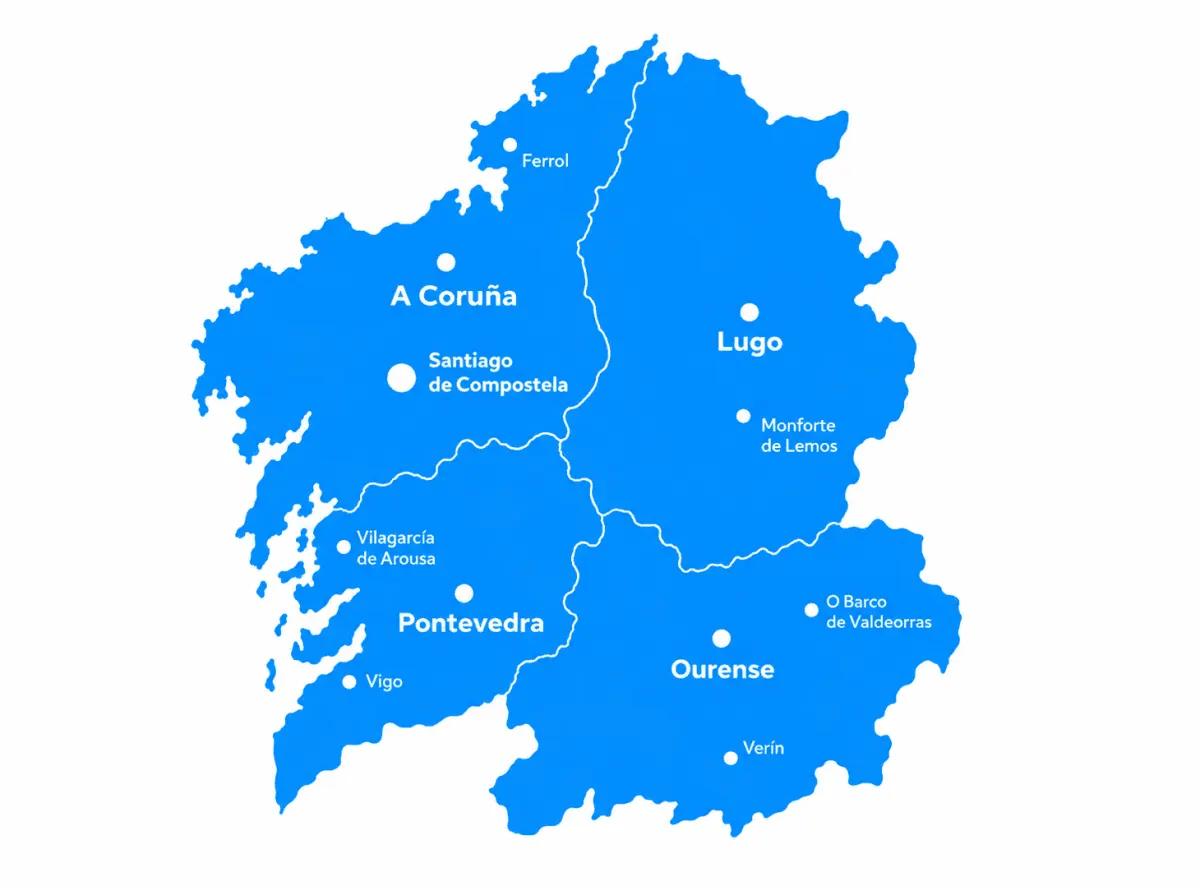 Mapa de Galicia con sus cuatro provincias y sus principales localidades