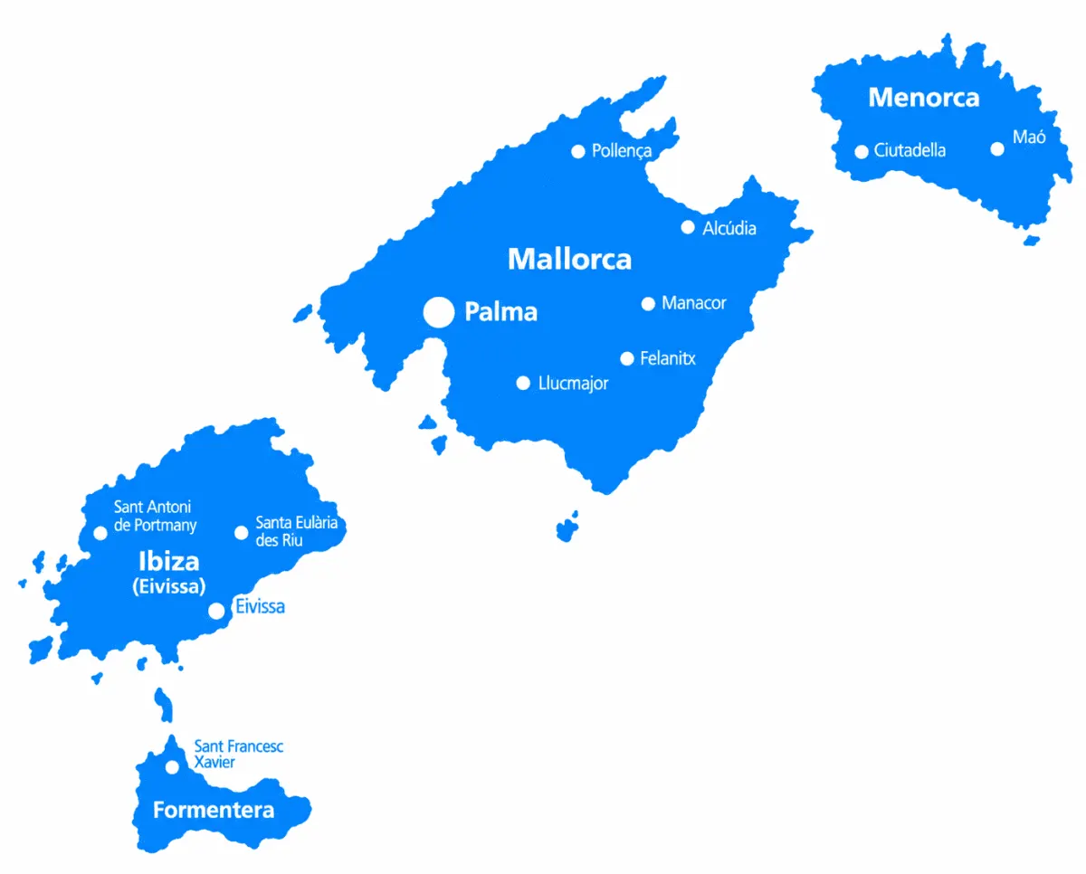 Mapa de las Illes Balears con Mallorca, Menorca, Ibiza y Formentera y sus principales localidades