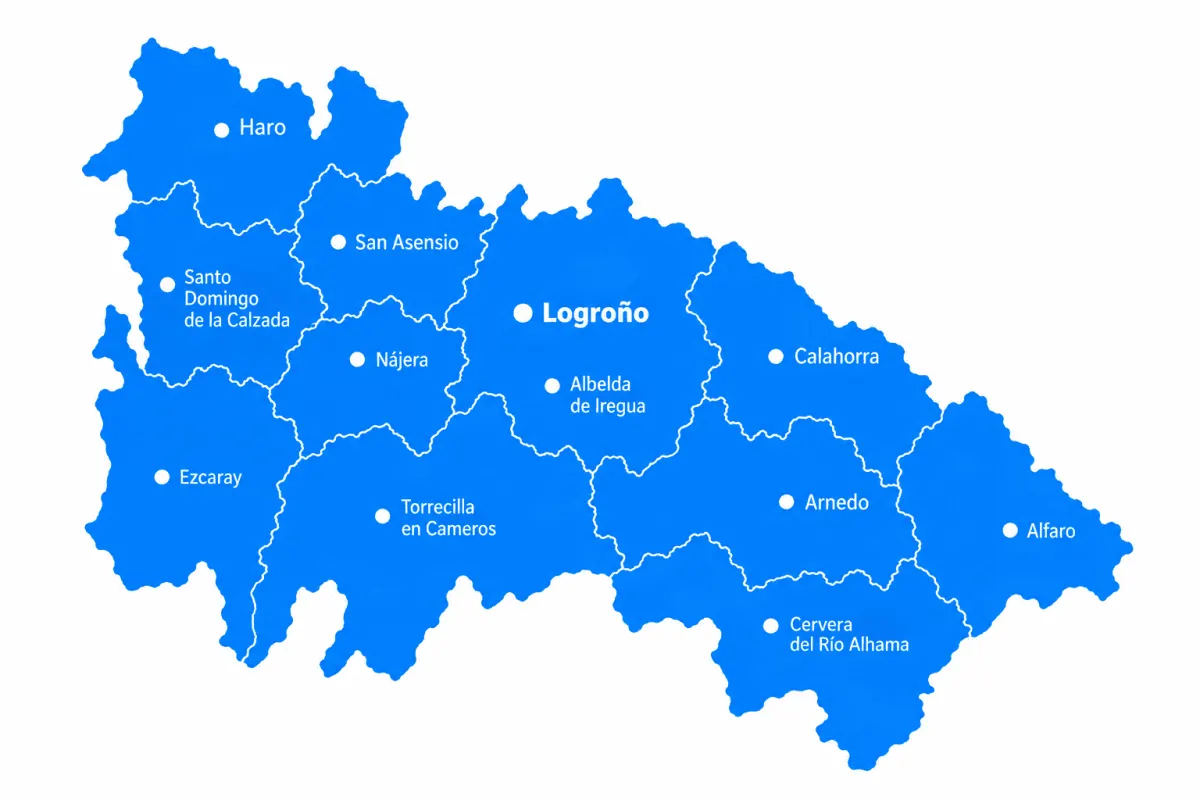 Mapa de La Rioja con sus comarcas y sus principales localidades, con Logroño señalada