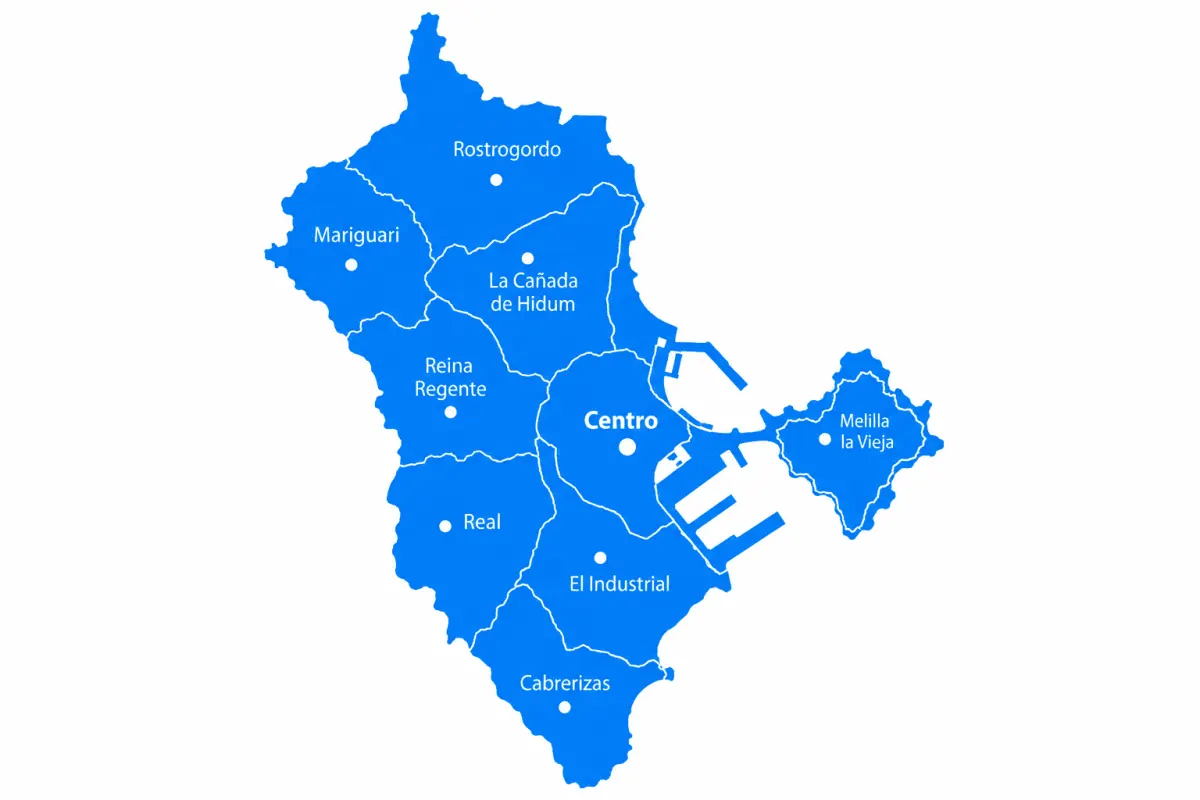 Mapa de Melilla con sus barrios, el puerto y Melilla la Vieja
