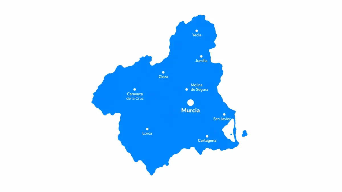 Mapa de la Región de Murcia con sus principales municipios y la capital señalada