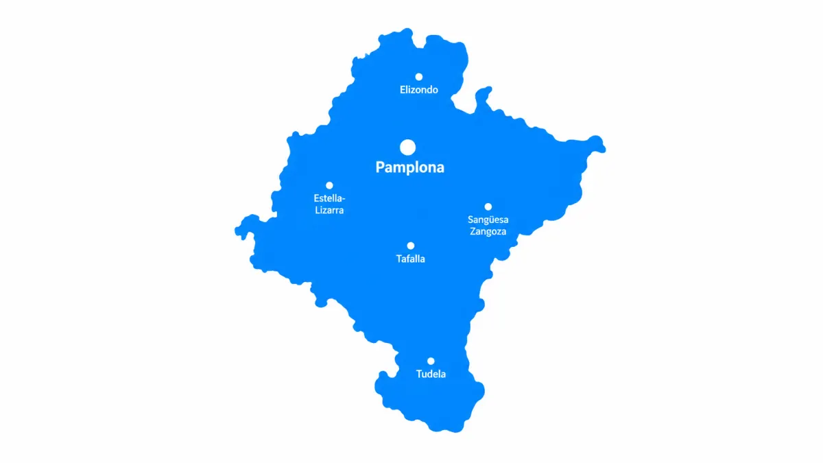 Mapa de Navarra con sus principales localidades y Pamplona señalada