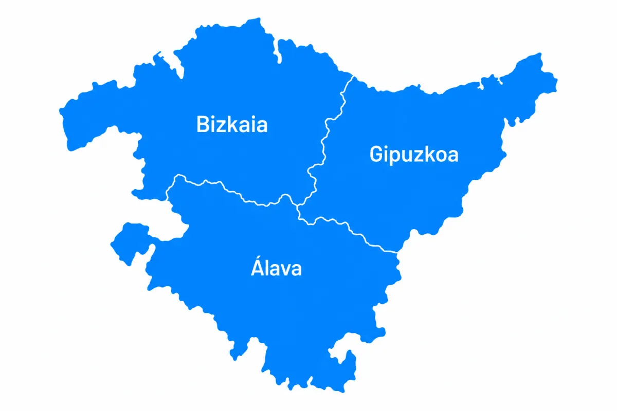 Mapa del País Vasco con sus tres territorios históricos: Bizkaia, Gipuzkoa y Álava