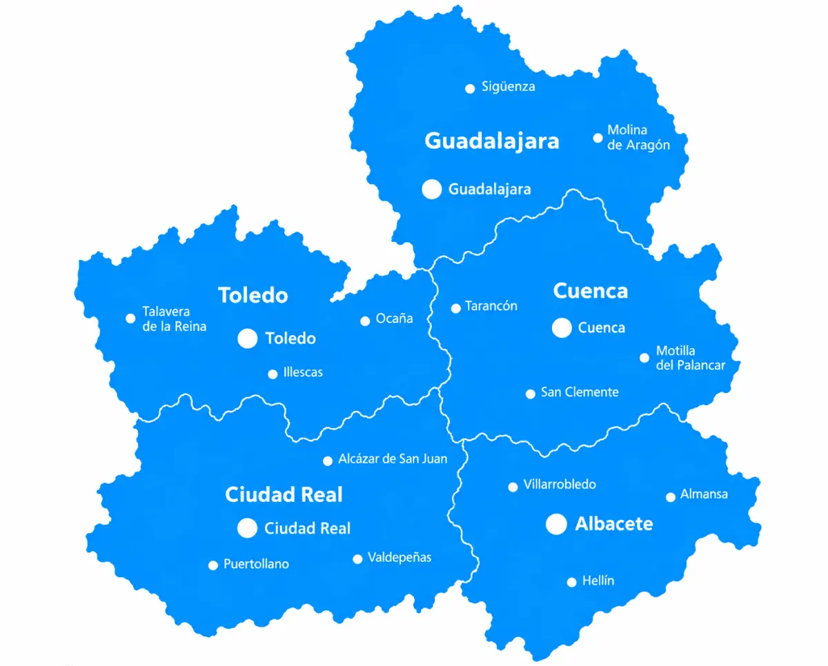 Mapa de Castilla-La Mancha con sus cinco provincias y sus principales localidades