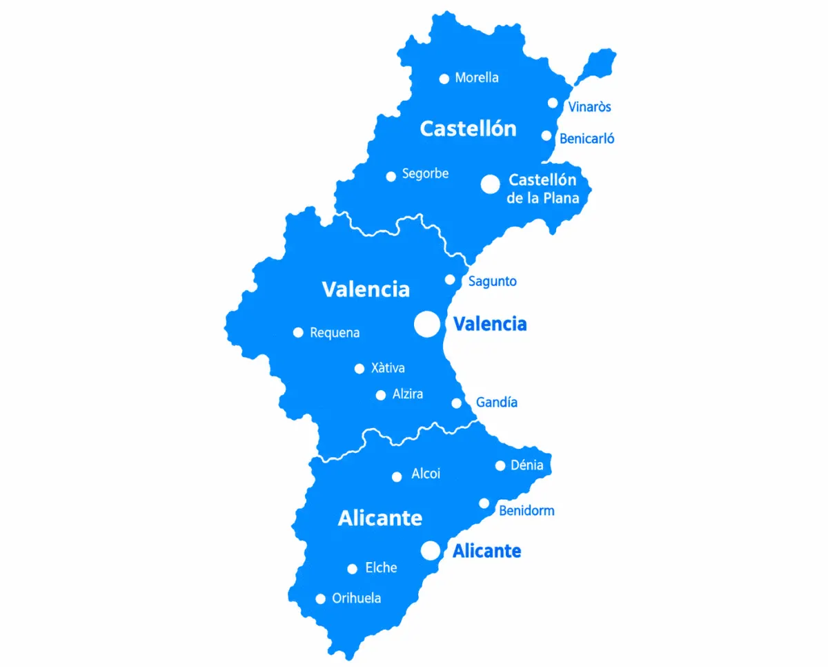 Mapa de la Comunitat Valenciana con sus tres provincias y sus principales localidades