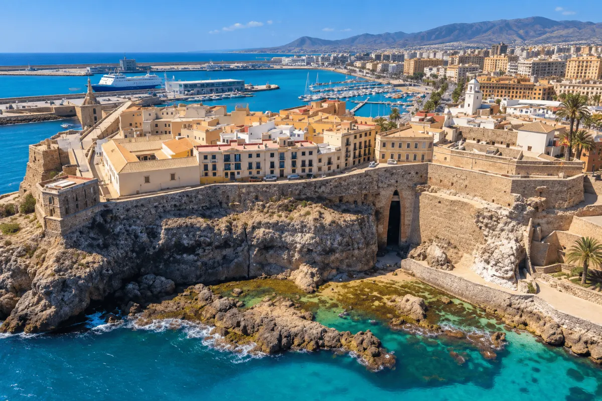 Melilla la Vieja, el recinto amurallado sobre el mar, con el puerto y la ciudad al fondo