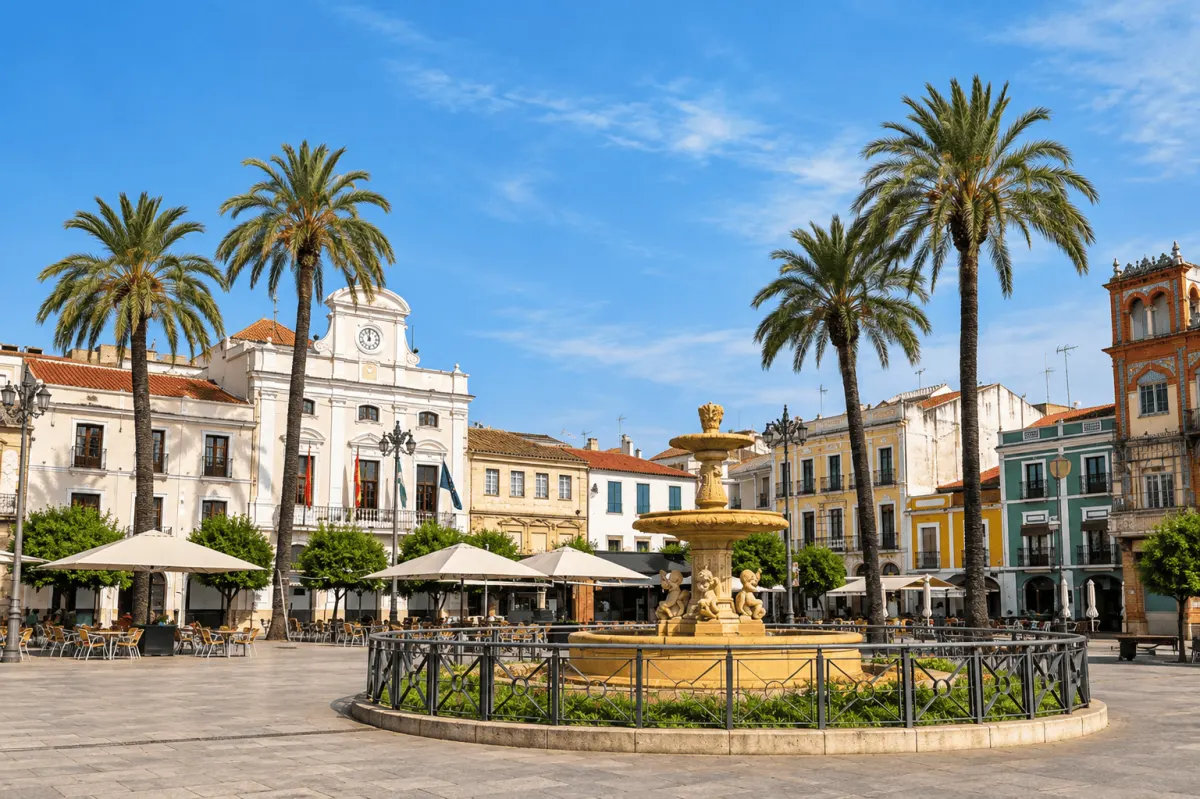 La Plaza de España de Mérida, con la fuente y el edificio del Ayuntamiento al fondo