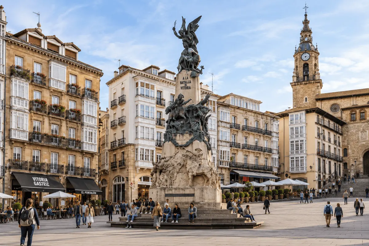 La plaza de la Virgen Blanca de Vitoria-Gasteiz, con el monumento a la Batalla de Vitoria y la torre de San Miguel