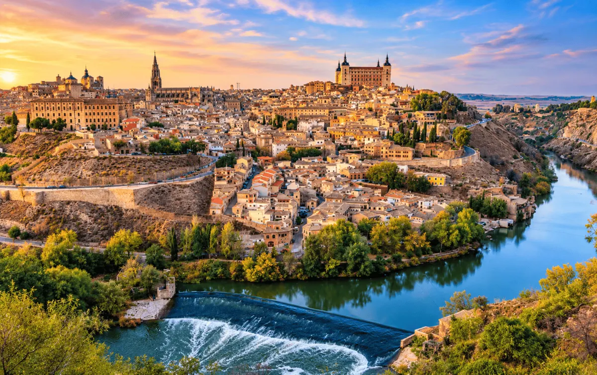 Toledo al atardecer sobre el meandro del Tajo, con el Alcázar y la catedral